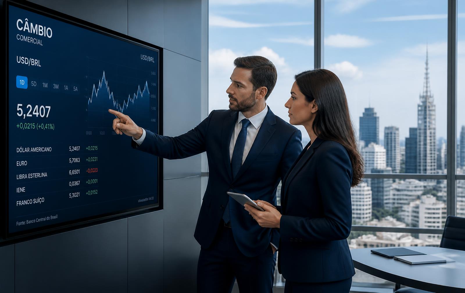 Especialistas analisando cotações de câmbio em painel corporativo